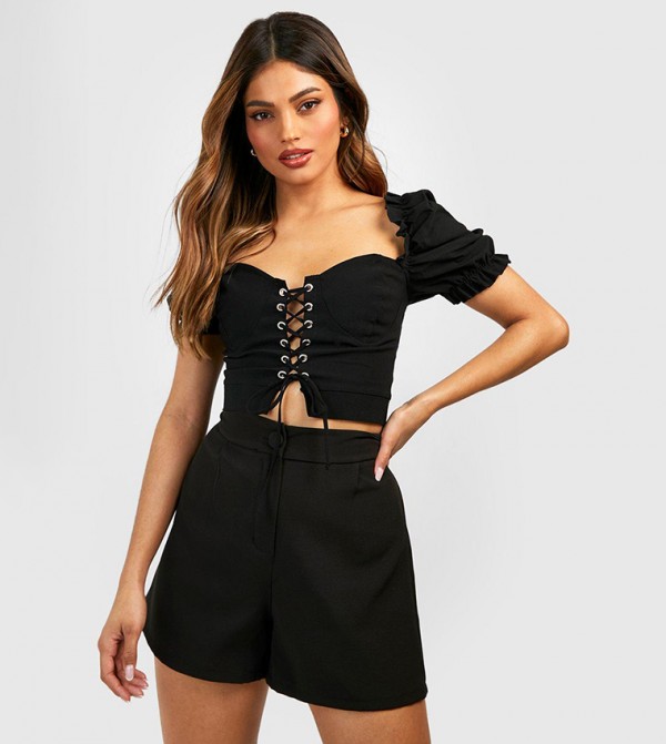 White Puff Sleeve Lace Up Bengaline Corset Top