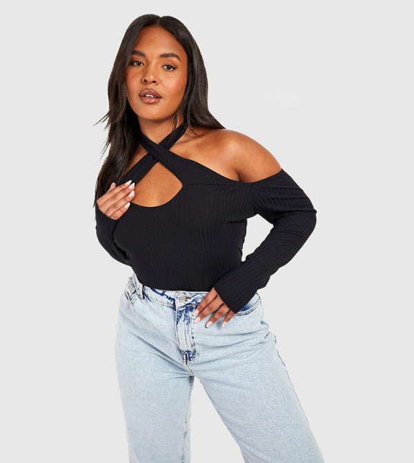 Cross Over Cold Shoulder Ribbed Top