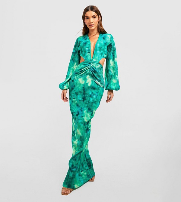 Blurred Floral Plisse Cut-Out Maxi Dress
