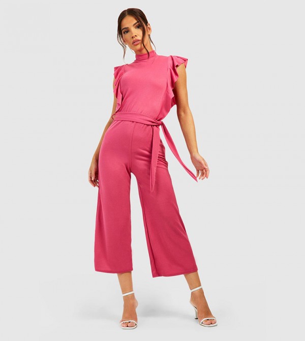 Buy Boohoo High Neck Frill Detail Belted Culotte Jumpsuit In Pink 6thstreet Uae 0109