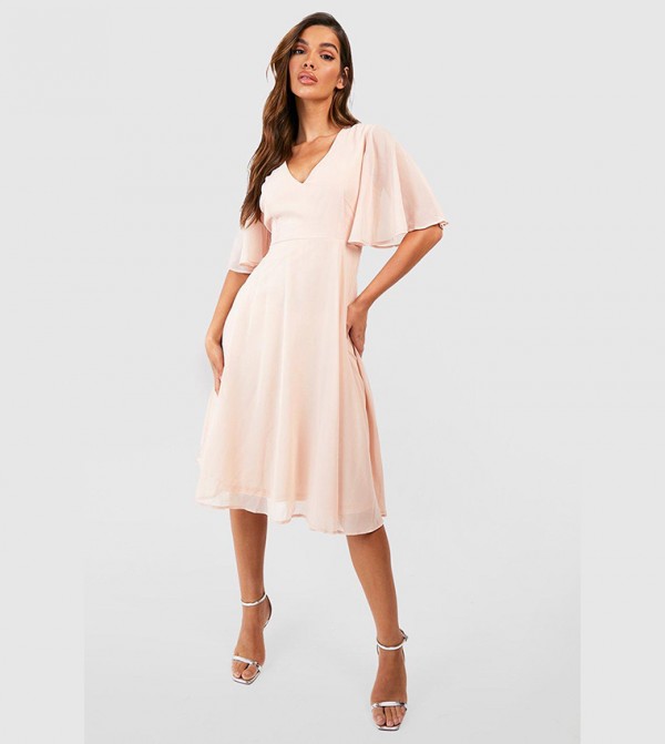 Buy Boohoo Chiffon Angel Sleeves Midi Skater Bridesmaid Dress In Blush