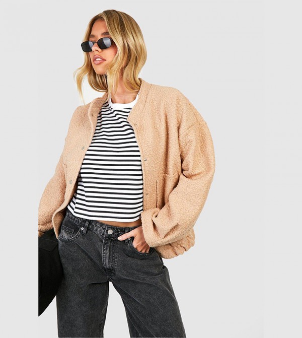 Textured Oversized Bomber Jacket