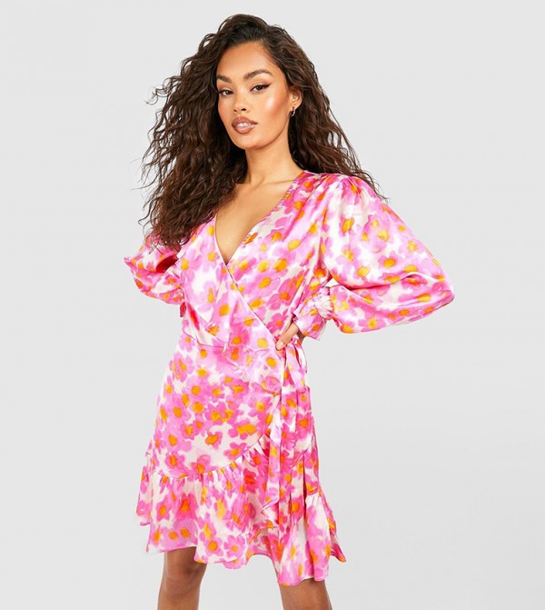 Floral Print Satin Ruffle Wrap Skater Mini Dress