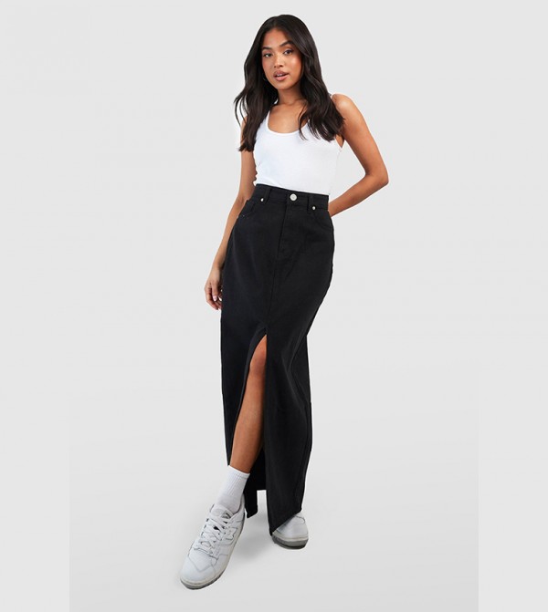 Basic Solid Black High Waisted Split Maxi Skirt