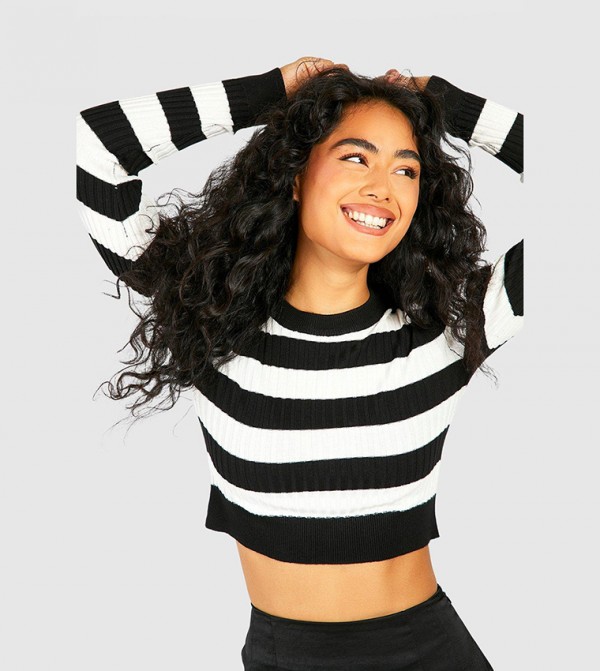 Wide Stripe Rib Knit Fine Gauge Sweater