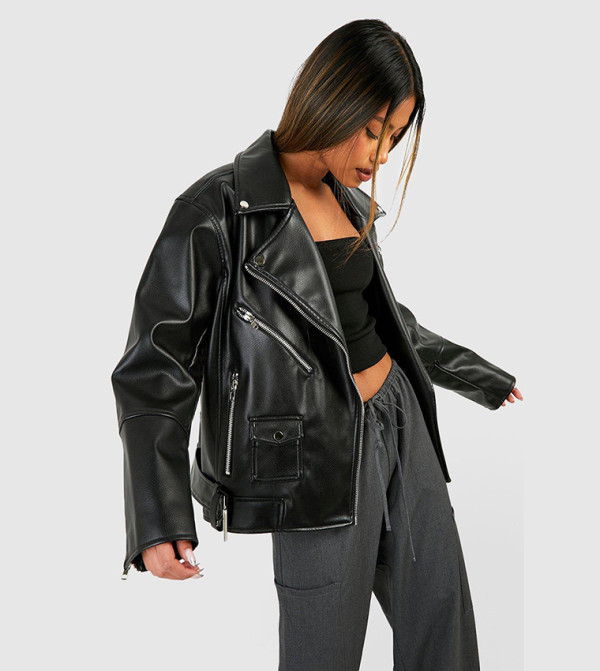 Buy Boohoo Oversized Belted Biker Jacket In Black | 6thStreet Kuwait