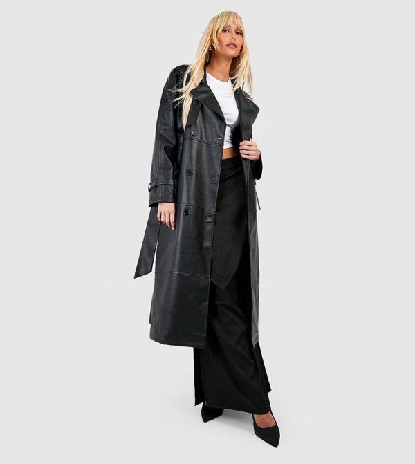 Double Breast Faux Leather Maxi Trench Coat