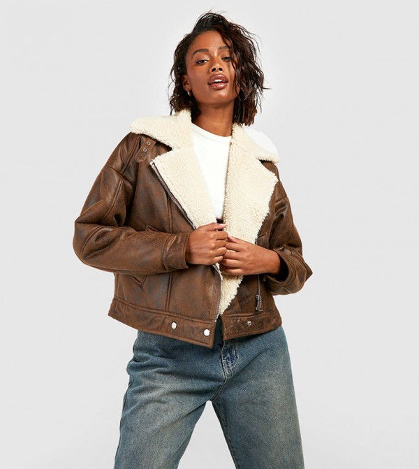 Tan faux shop fur aviator jacket