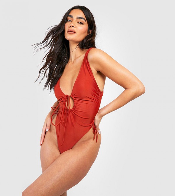 ASOS DESIGN crinkle one shoulder swimsuit in chocolate brown