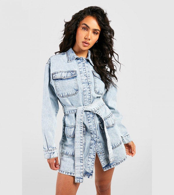 Buy Boohoo Belted Denim Micro Mini Shirt Dress In Blue | 6thStreet UAE