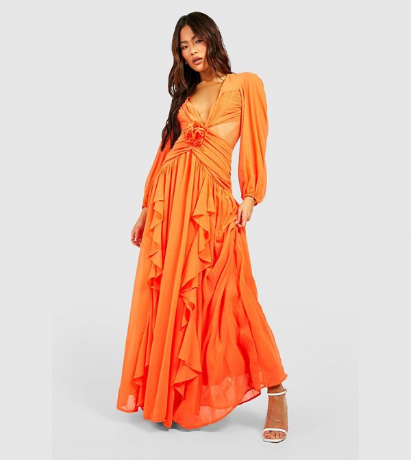 Buy Boohoo Rose Corsage Detail Ruffle Maxi Dress In Orange
