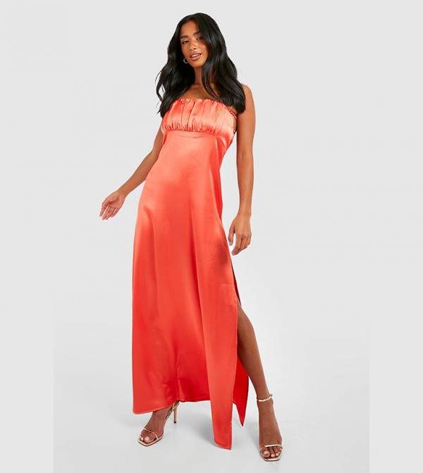 Buy Boohoo Satin Occasion Ruched Slip Maxi Dress In Coral