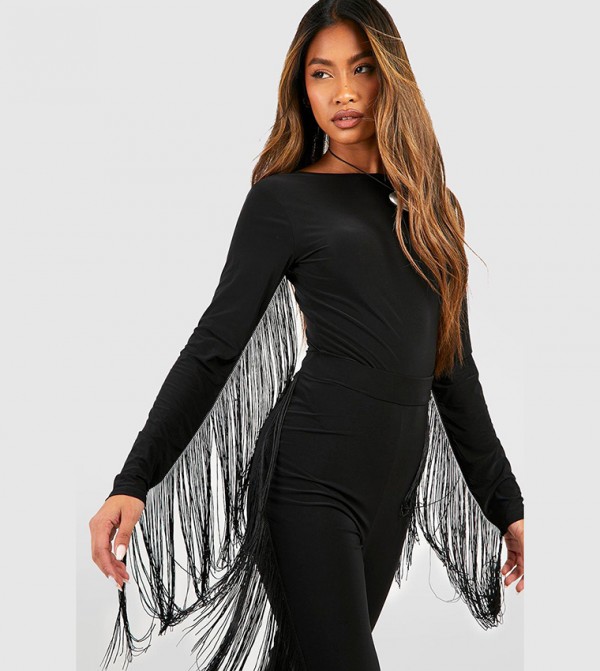 Buy Boohoo Cut Out Slinky Long Sleeves Bodysuit Top In Black