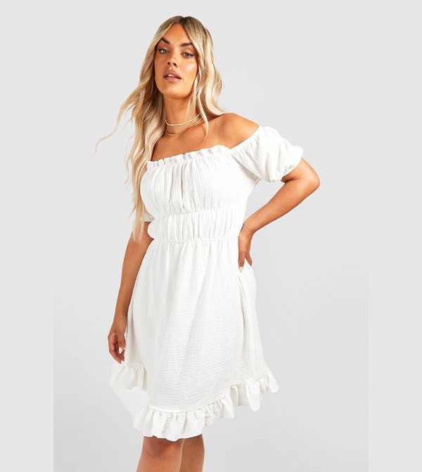 Buy Boohoo Chiffon Shirred Bardot Mini Dress In White 6thStreet Qatar
