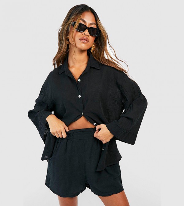 Textured Lightweight Cotton Elasticated Waist Shorts
