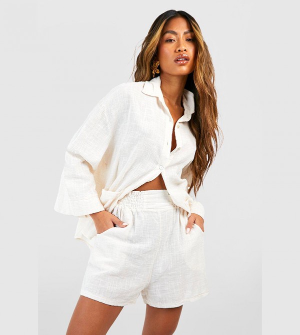 Textured Lightweight Cotton Elasticated Waist Shorts