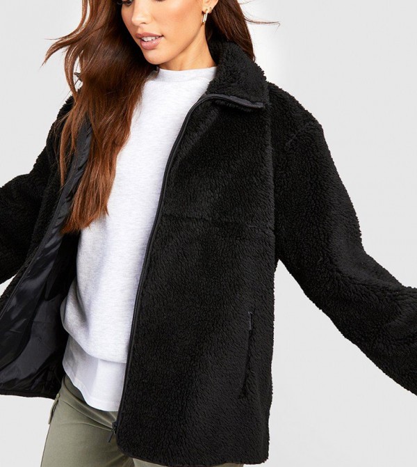 Tall Zip Detail Faux Fur Teddy Jacket