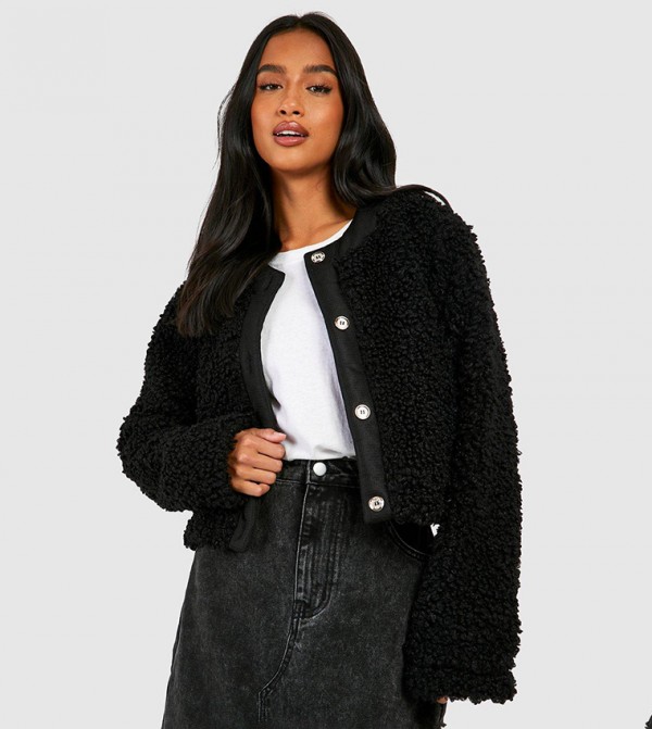 Buy Boohoo Cropped Teddy Boucle Jacket In Black | 6thStreet UAE