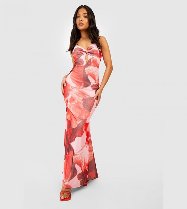 Buy Boohoo Abstract Racer Mesh Maxi Dress In Red