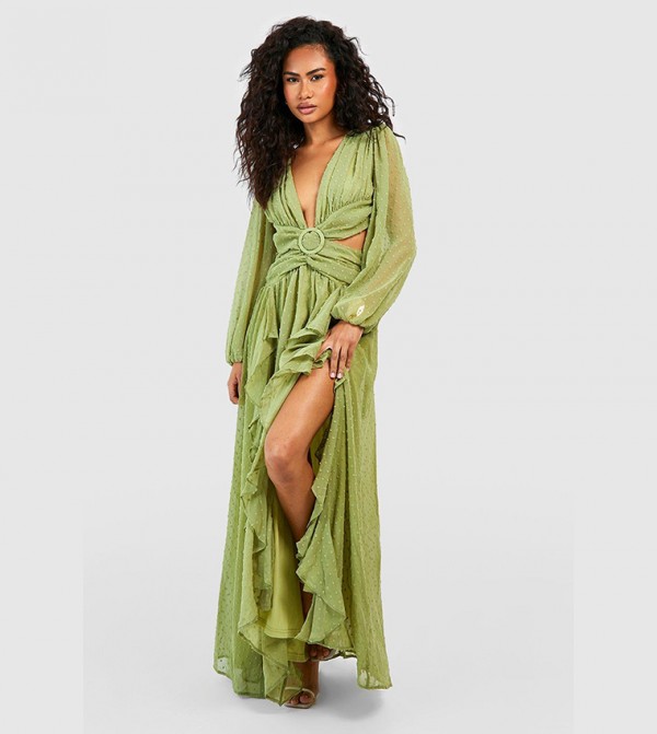 Dobby Blouson Sleeve Wrap Maxi Dress