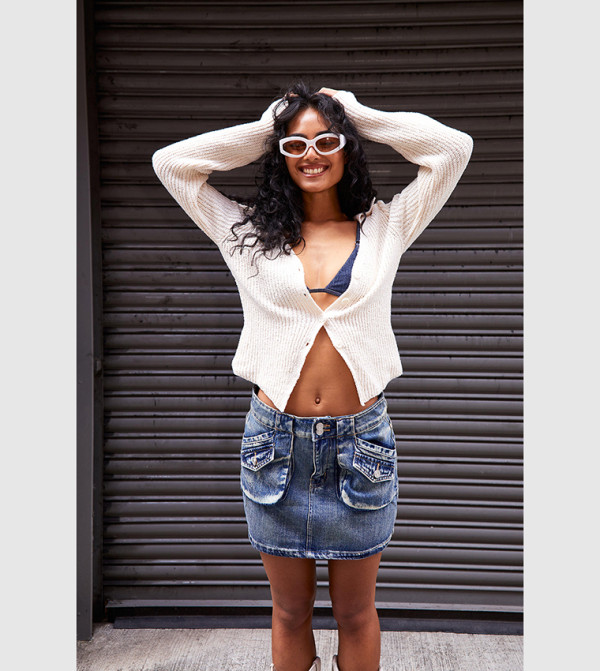 Irregular gradient button zip-up cargo pocket denim mini skirt