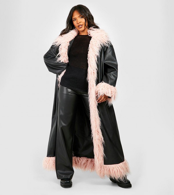 Buy Boohoo Faux Fur Trim Pu Coat In Black