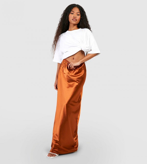 Orange satin shop maxi skirt