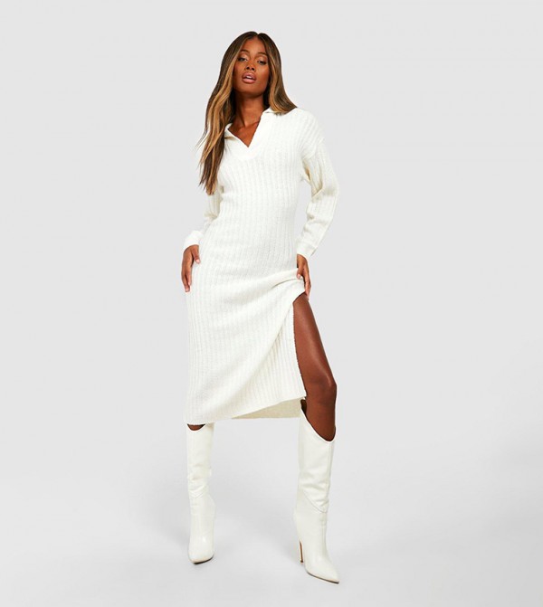 Wide Rib Knit Collared Soft Jumper Dress