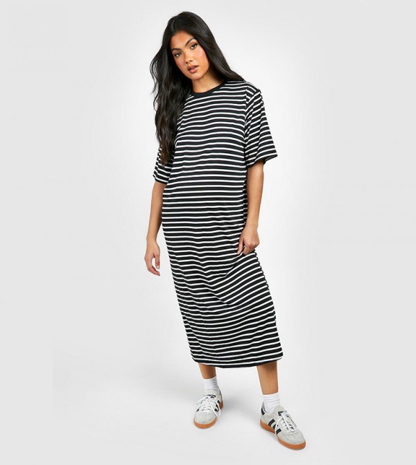 Buy Boohoo Outlet Maternity Jersey Stripe Midi T Shirt Dress In Black ...