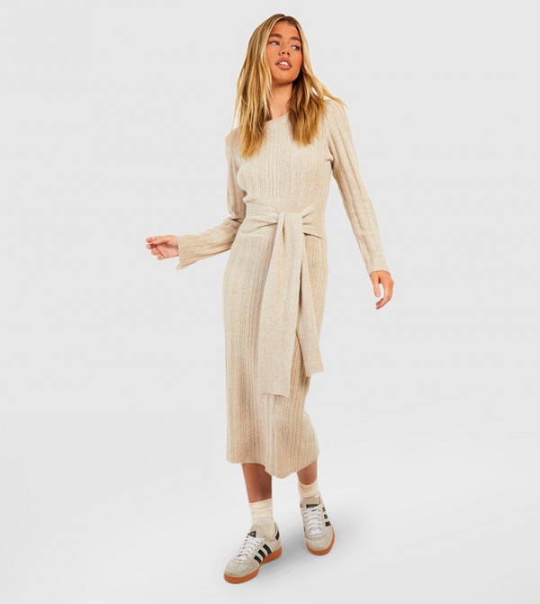 Mixed Rib Soft Knit Belted Jumper Dress