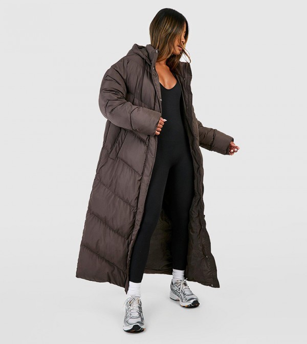 Hooded Quilt Detail Maxi Puffer