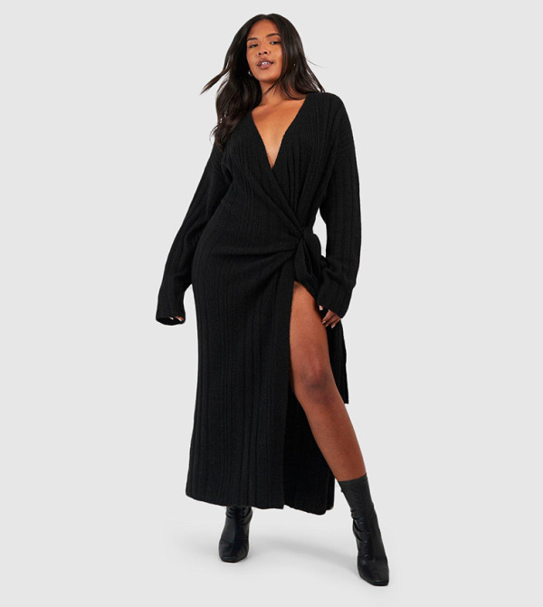 Plus Mixed Rib Wrap Jumper Dress