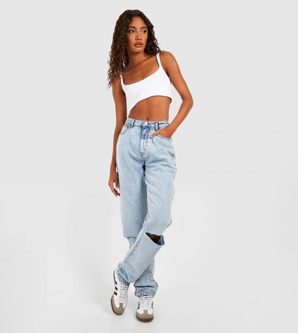 Buy Boohoo Tall Ripped Knee Slim Straight Leg Jeans In Blue 6thStreet