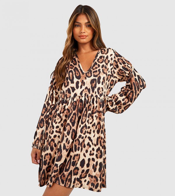 Buy Boohoo Leopard Print Smock Dress In Brown 6thStreet UAE