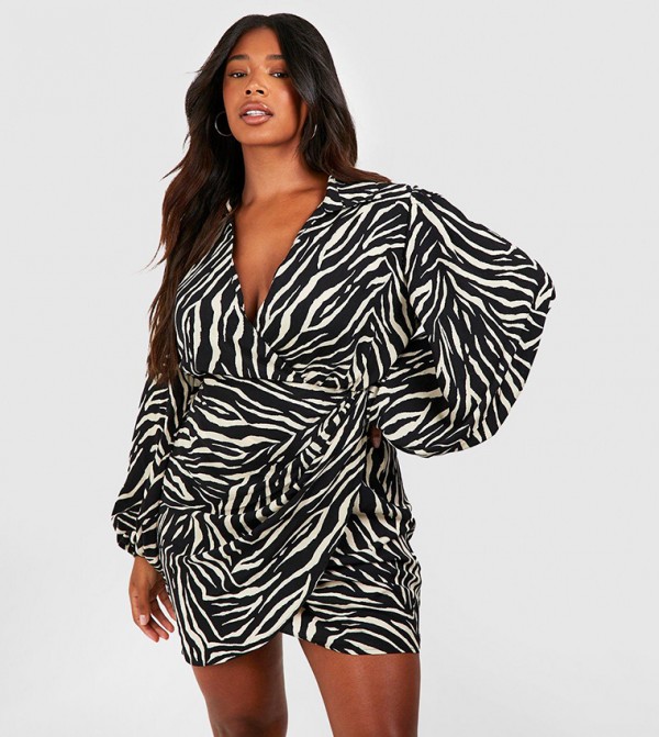 Zebra Print Blouson Sleeve Wrap Dress