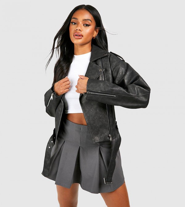 Grey skirt leather jacket hotsell