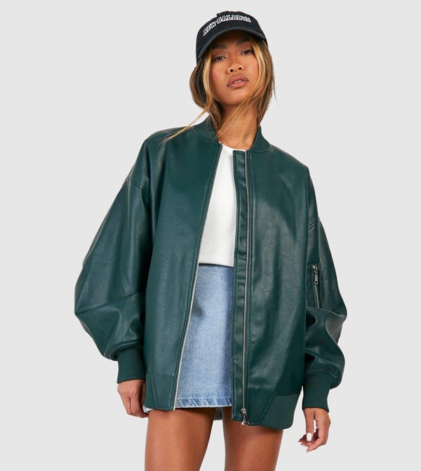 Buy Boohoo Oversized Faux Leather Bomber Jacket In Forest