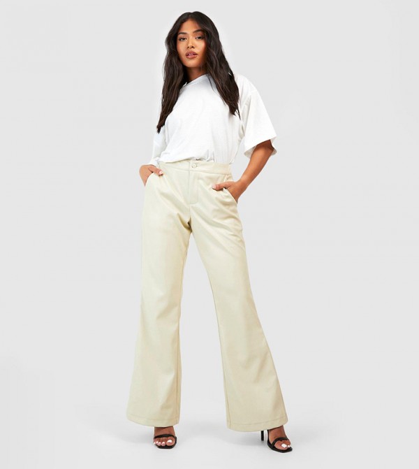 Buy Boohoo Button High Waisted Wide Leg Trousers In STONE