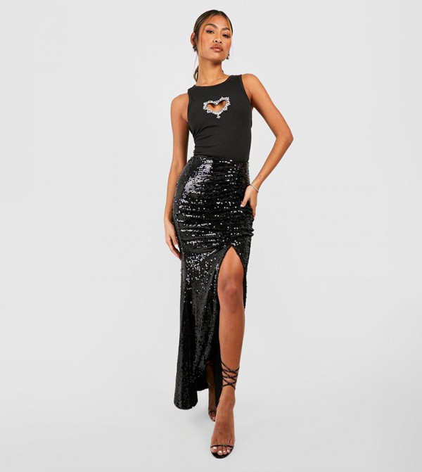 Sequined Ruched Front Split Maxi Skirt