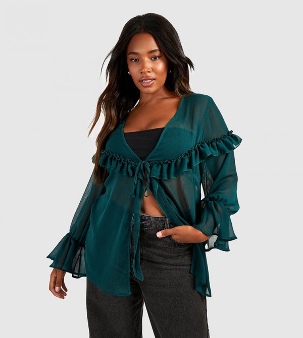 Buy Boohoo Ruffle Tie Front Top In Green 6thStreet Qatar