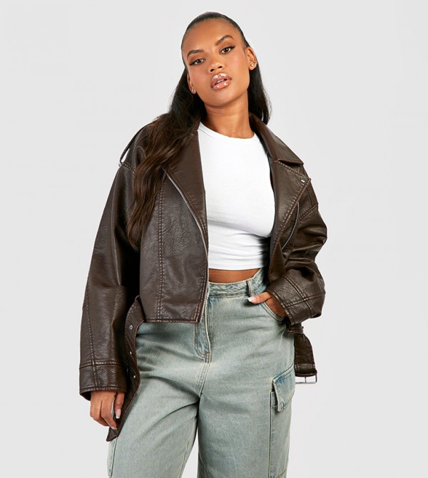 جاكيت بايكر جلد صناعي قصير