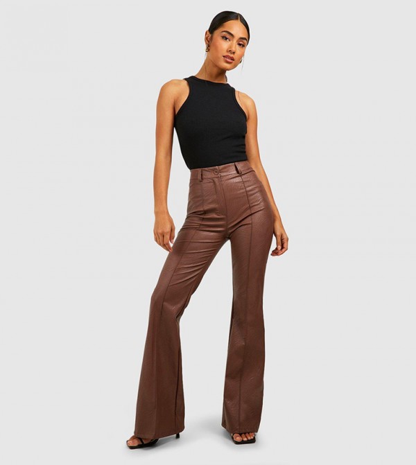  Pants for Women Flare Leg Solid Pants (Color : Chocolate Brown,  Size : Small) : Clothing, Shoes & Jewelry
