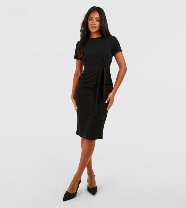 Jersey Crepe Pleat Front Belted Midi Dress