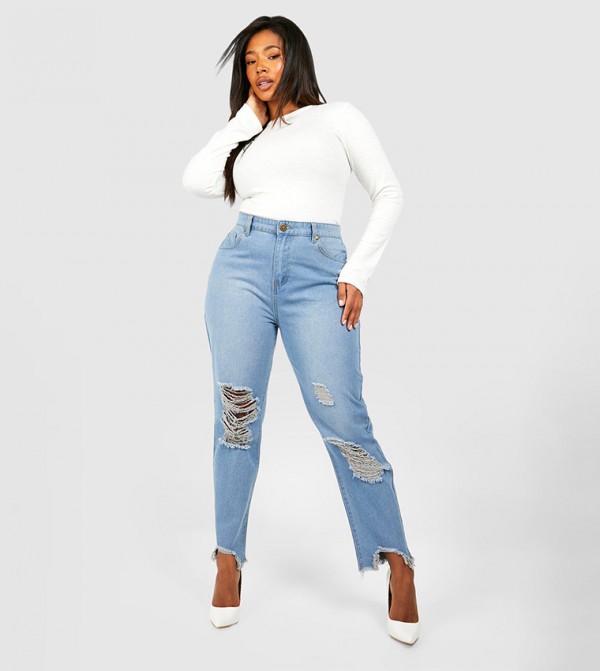 Curve Ripped Distressed High-Rise Mom Fit Jeans