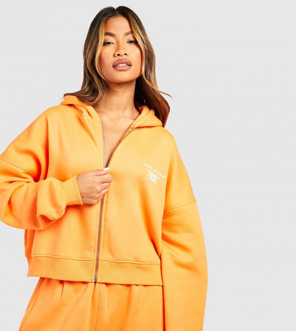 Buy Boohoo Dsgn Studio Slogan Boxy Zip Through Hoodie In Orange