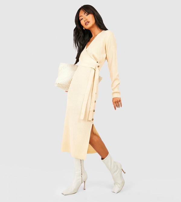 Button Detail Wrap Ribbed Midaxi Knitted Dress