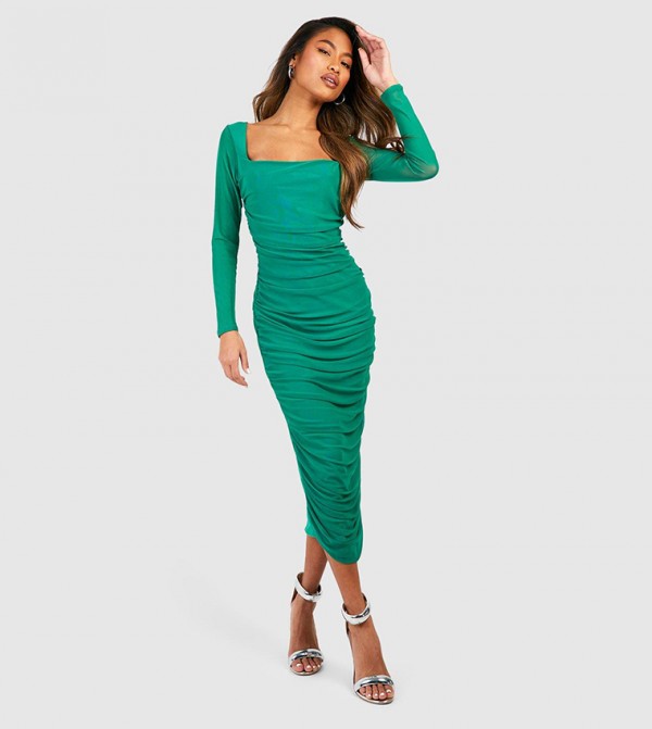 Bonded Scuba Ruffle Sleeve Midi Dress