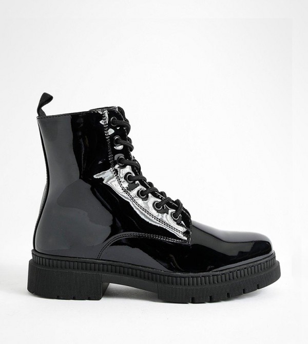 Patent black lace up online boots