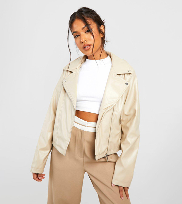 Buy Boohoo Faux Leather Biker Jacket In STONE | 6thStreet Kuwait