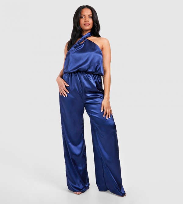 Buy Boohoo Curve Satin Halterneck Wide Leg Jumpsuit In Navy 6thStreet UAE